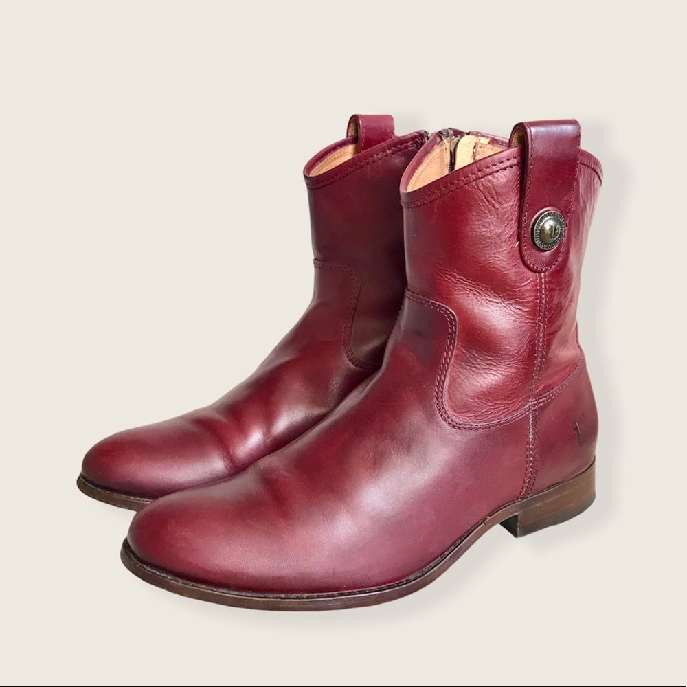 Frye Melissa Button Short Burgundy Italian Leather Pull On Casual Ankle Boots - Picture 10 of 16